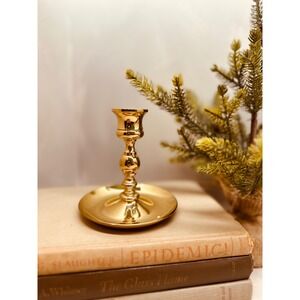 vtg lacquered brass candlestick classic turned style round base 4in heavy